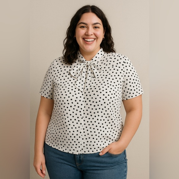Judy Bond Tops - Vintage Judy Bond 70s Blouse White Black Dot Print Bow Neck Secretary Top Large